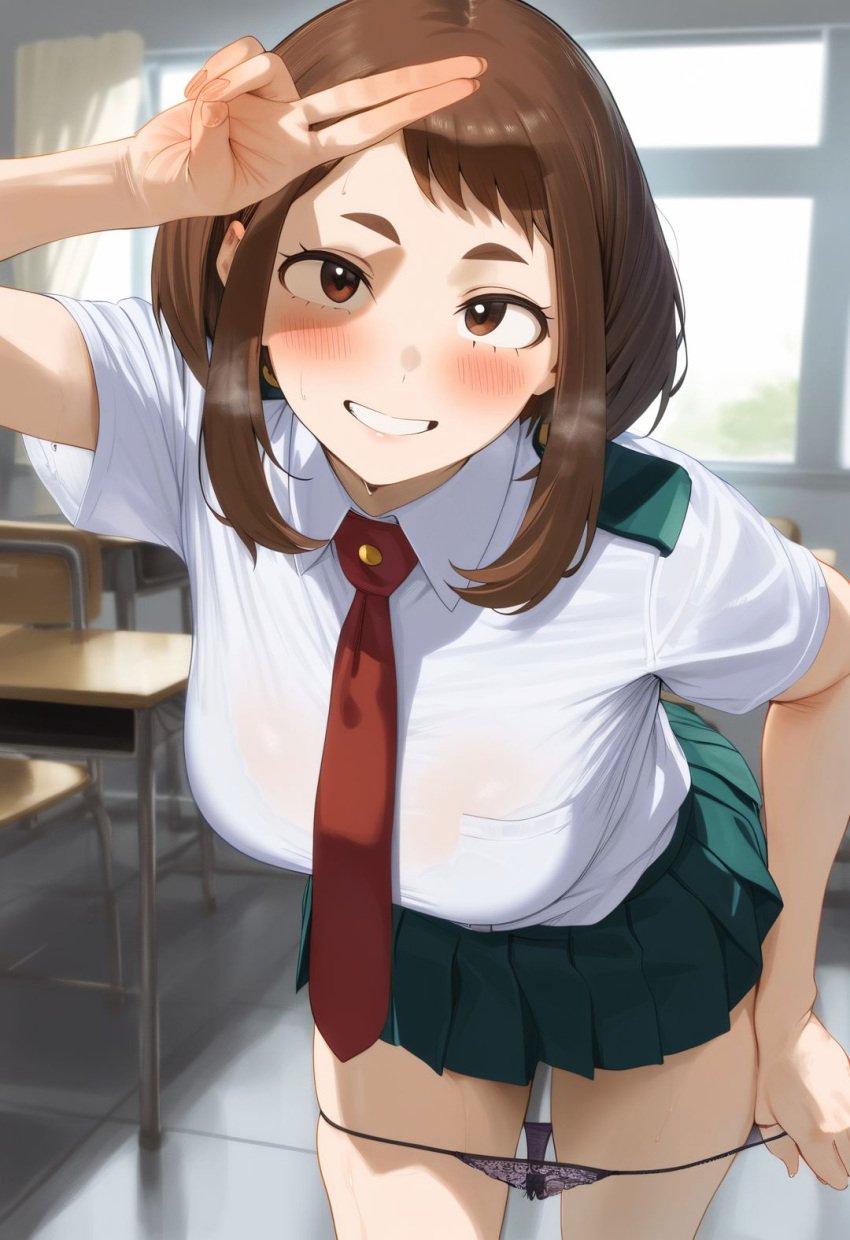 ai-created ai_generated bangs black_clothes blush bra bra_visible_through_clothes breasts brown_eyes brown_hair chair classroom clothes_pull clothing collared_shirt curtains desk female female_only green_skirt grin hand_up high_resolution indoors large_breasts leaning_forward looking_at_viewer my_hero_academia necktie neckwear ochako_uraraka pantsu panty_pull pleated_skirt pulled_by_self purple_panties purple_underwear red_necktie red_neckwear school_desk school_uniform see-through shirt short_hair short_sleeves sidelocks skirt smile solo standing sweat teeth thighs tiles u.a._school_uniform underwear underwear_pull uniform v wet wet_clothes white_shirt window