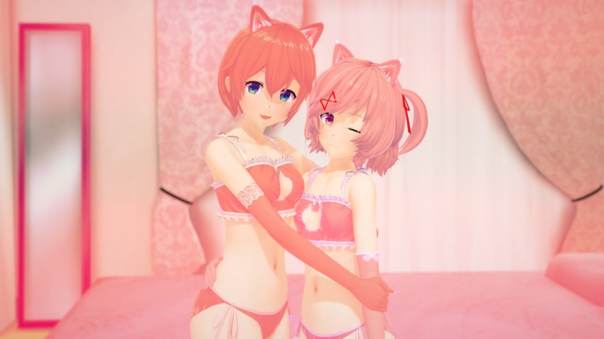 2girls bra cat_bra cat_ears doki_doki_literature_club ecxreaper female female_only looking_at_viewer multiple_girls natsuki_(doki_doki_literature_club) nekomimi panties sayori_(doki_doki_literature_club)