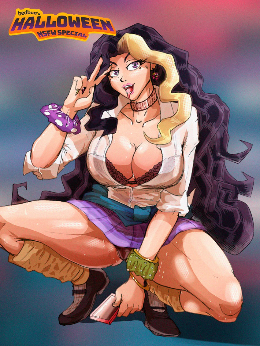 bedbug_(artist) black_hair blonde_hair diamond_is_unbreakable dyed_hair gyaru huge_breasts jojo's_bizarre_adventure panties purple_eyes school_uniform short_skirt stockings underwear very_long_hair yukako_yamagishi