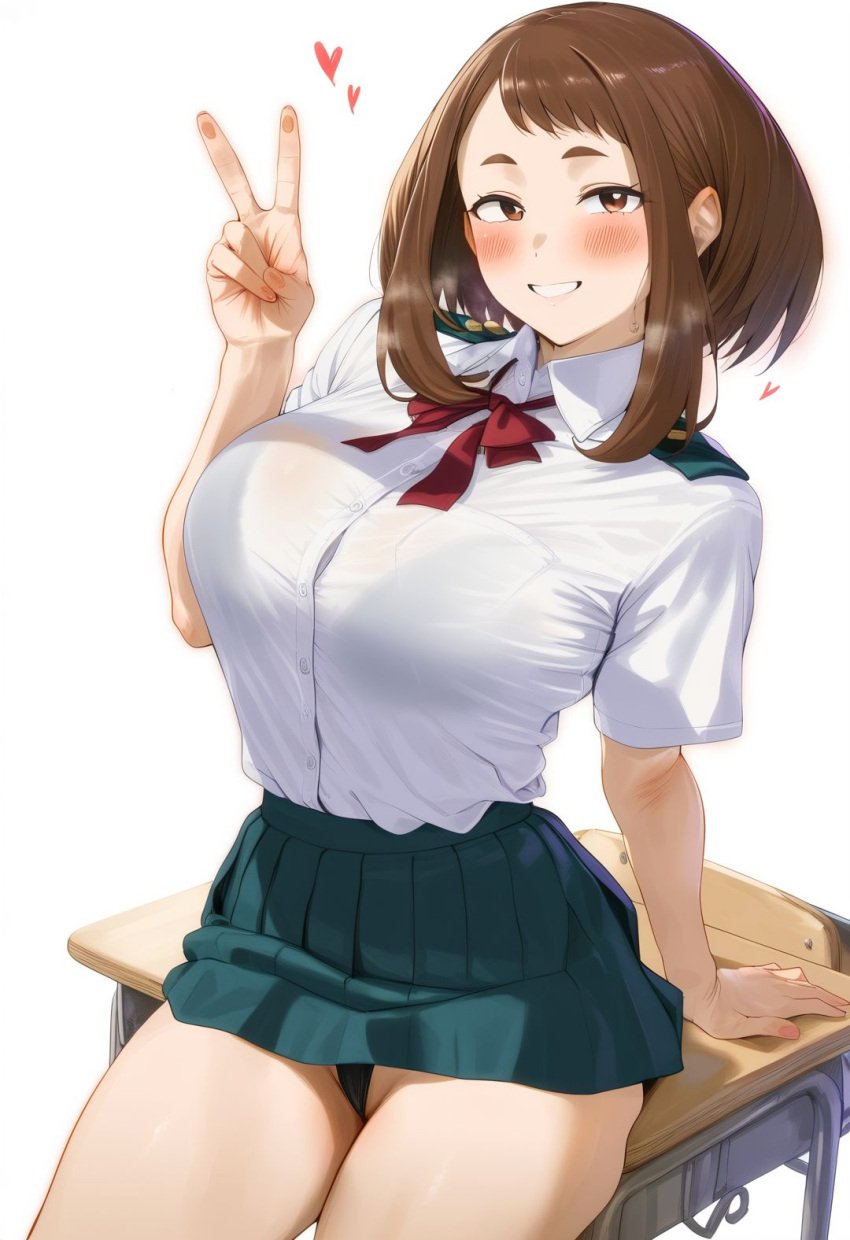 ai-created ai_generated arm_support ass_squish bangs black_clothes black_panties black_underwear blush bob_cut bow bowtie bra bra_visible_through_clothes breasts brown_eyes brown_hair classroom clothing collared_shirt desk dress_shirt female green_skirt grin hand_up heart high_resolution large_breasts looking_at_viewer medium_hair miniskirt my_hero_academia neckwear ochako_uraraka pantsu pleated_skirt red_bow red_bowtie red_neckwear ribbon school_desk school_uniform see-through shirt shirt_tucked_in short_hair short_sleeves sidelocks sitting skirt smile solo teeth tented_shirt thick_thighs thighs u.a._school_uniform underwear uniform v white_shirt