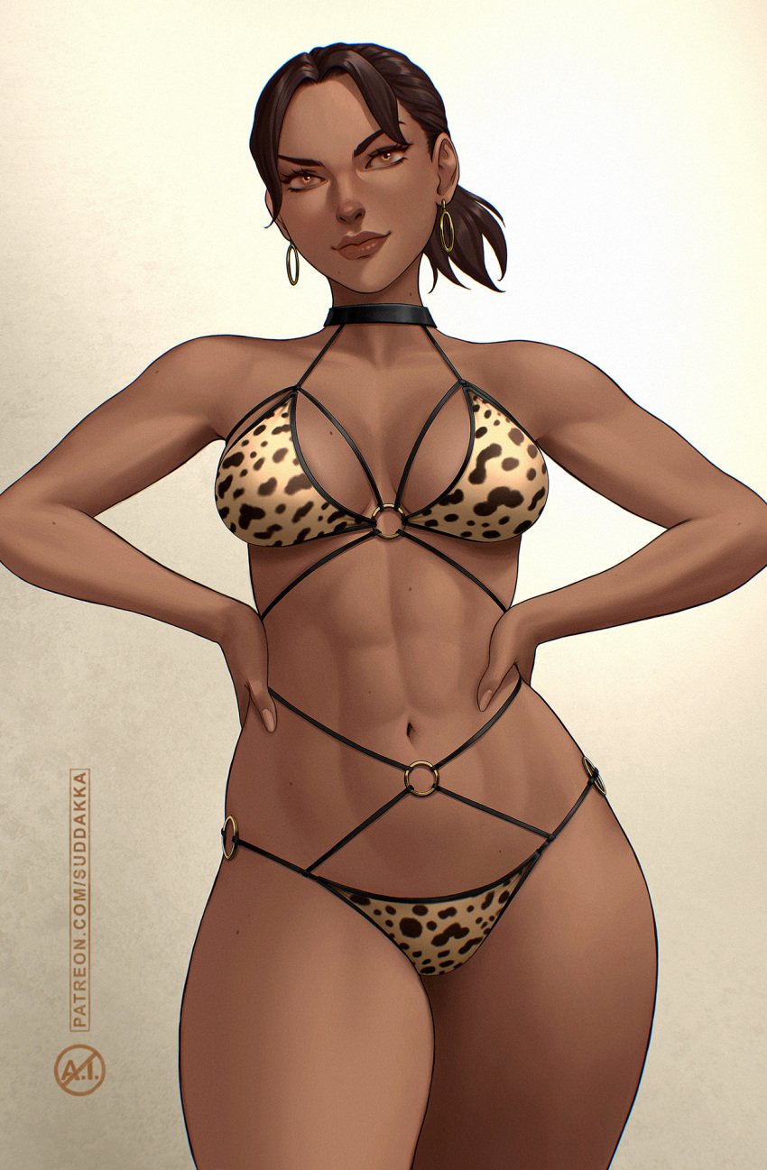 1girls abs african african_female bikini black_female brown-skinned_female brown_skin brown_skinned_female capcom cheetah_print choker dark-skinned_female dark_skin dark_skinned_female earrings female fit fit_female hands_on_hips leopard_print_bikini resident_evil resident_evil_5 sheva_alomar suddakka