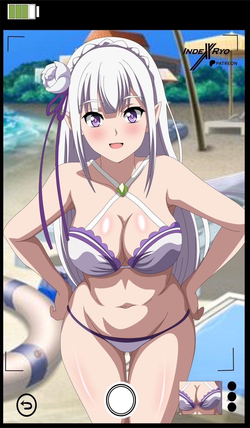 1girls armpits beach belly blush breasts breasts breasts_focus camera_phone camera_view cleavage elf elf_ears elf_female elf_girl emilia_(re:zero) half_naked hands_on_hips hips indexryo looking_at_viewer partially_clothed photo purple_eyes re:zero_kara_hajimeru_isekai_seikatsu silver_hair solo solo_female standing swimsuit thighs