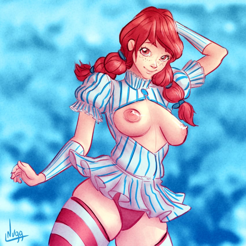 2d areolae arm_up breasts breasts_out clothing doodle dress exposed_breasts female female_only freckles hair legwear long_hair looking_at_viewer medium_breasts nipples nugg open_clothes panties pinup pose posing red_eyes red_hair smile solo striped striped_legwear stripes thighhighs twintails wendy's wendy_thomas