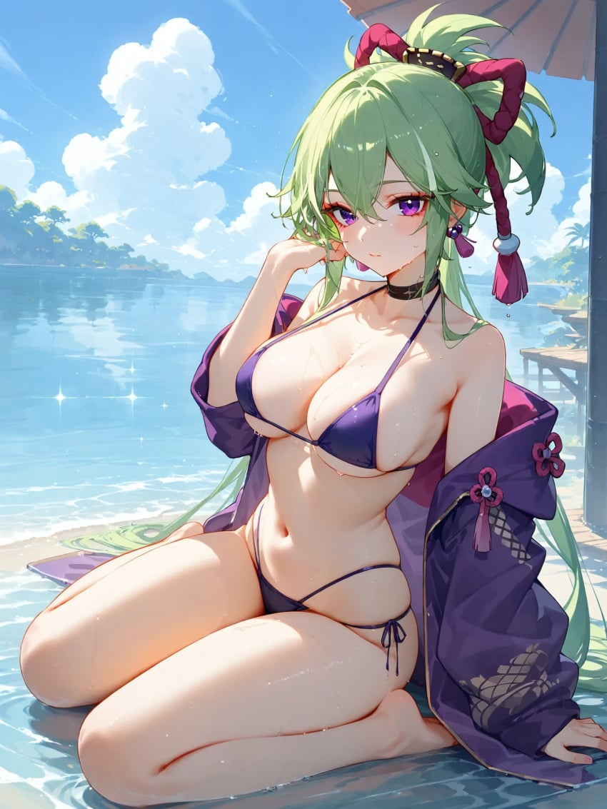 absurd_res ai_generated barefoot bikini blush breasts feet genshin_impact inazuma_girls kuki_shinobu micro_bikini ministro wet