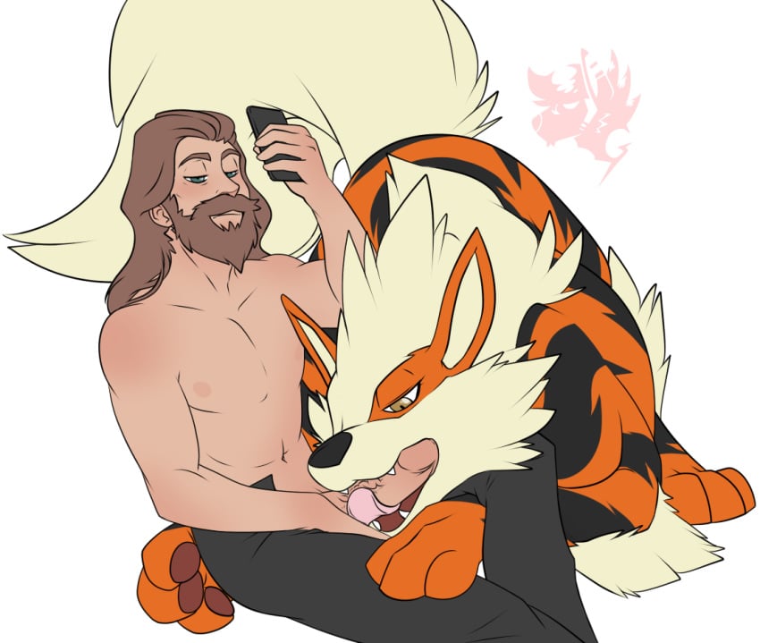 1boy ambiguous_gender arcanine beard canine duo eric_sacae facial_hair fangs fellatio feral furry human human_on_feral interspecies jolly-jak male male_on_feral mammal nintendo oral original_character pawpads poképhilia pokemon pokemon_(species) pokemon_rgby quadruped sideways_oral simple_background size_difference trainer video_games watermark wide_hips zoophilia