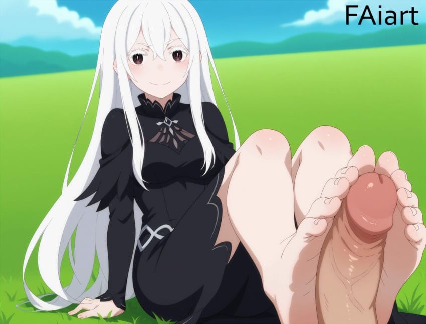 1boy1girl ai_generated echidna_(re:zero) faiart feet foot_fetish foot_focus foot_play footjob looking_at_viewer pale_soles penis pov re:zero_kara_hajimeru_isekai_seikatsu soles toes white_hair