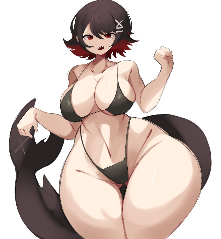 big_ass big_breasts bikini chubby cleavage ellen_joe gazericc hair_ornament hairclip light-skinned_female massive_ass massive_thighs red_eyes red_hair sharp_teeth short_hair tail thick_thighs white_background