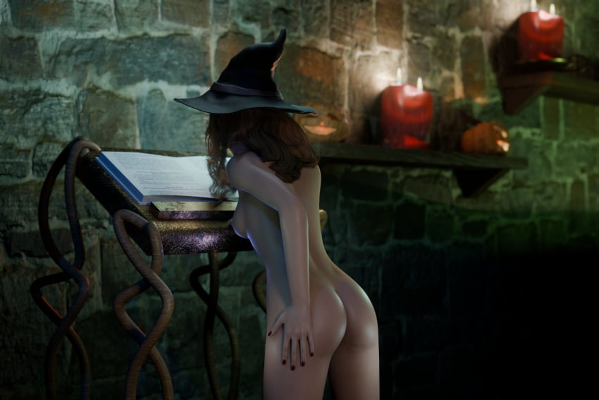 1girls 3d blender brown_hair emma_watson enigmaj female_focus female_only hand_on_ass harry_potter hermione_granger jack-o'-lantern light-skinned_female nude_female pumpkin sideboob solo_female witch_hat