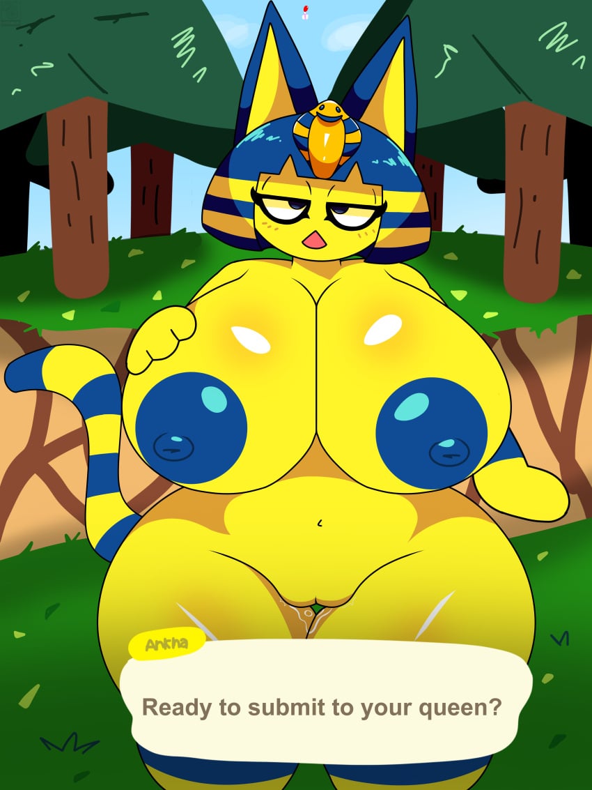 2d animal_crossing animal_crossing_new_horizons animal_ears ankha ankha_(animal_crossing) anthro anthro_only areolae big_areola big_breasts big_nipples blue_areola blue_eyes blue_hair blush cat_ears cat_girl cat_tail catgirl detailed_background digital_drawing_(artwork) digital_media_(artwork) doubutsu_no_mori forest imminent_sex nairu_(doubutsu_no_mori) nintendo pussy_juice pussy_juice_drip pussy_juice_leaking short_hair shortstack solo solo_anthro solo_female solo_focus striped striped_tail talking_to_viewer text_box text_bubble thick_thighs tkd wet yellow_body yellow_fur