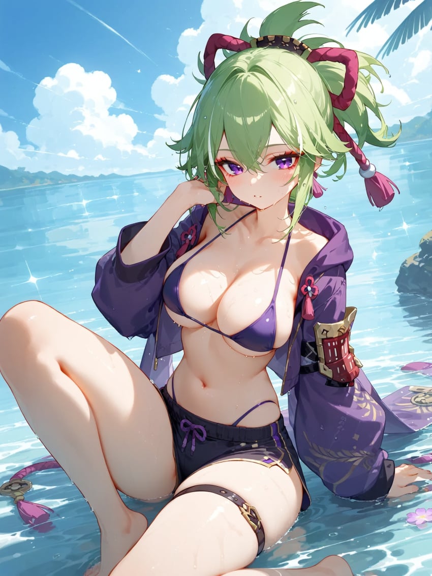 absurd_res ai_generated barefoot bikini blush breasts feet genshin_impact inazuma_girls kuki_shinobu micro_bikini ministro wet