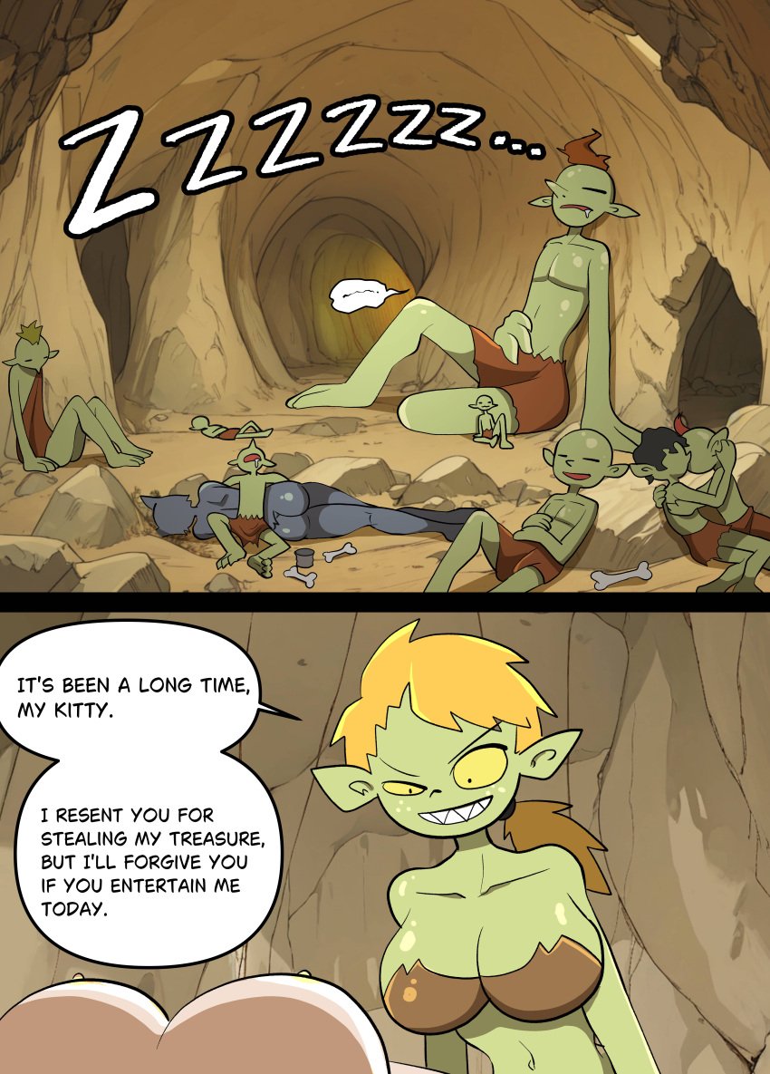 2girls ass ass_up bluebirdoasis comic english_text estenia_(bluebirdoasis) female goblin goblin_female green_skin nude sandra_(bluebirdoasis) tagme