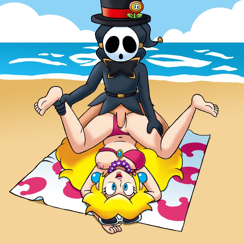 anti_groove beach big_breasts bikini blonde_female blonde_hair blue_eyes breasts earrings flower laying_down legs_apart lipstick lisnovski mario_(series) mask missionary_position nipples outdoors partially_clothed penetration penis princess_peach pussy sex shy_guy sunglasses sunglasses_on_head super_mario_odyssey top_hat towel vaginal_penetration