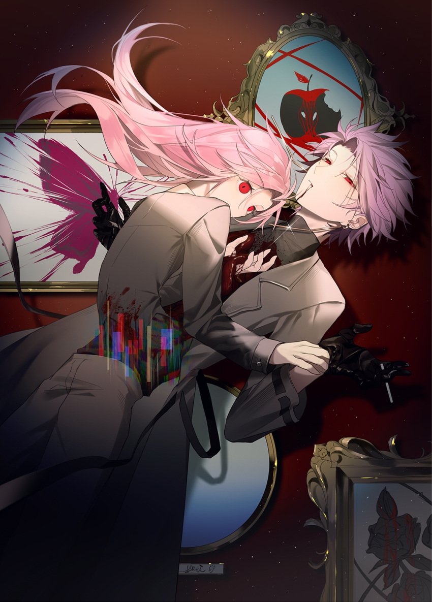 2boys black_coat black_gloves black_jacket black_pants blood blood_from_mouth blood_on_clothes chinese_commentary coat commentary_request despair_(julilililili) earrings glint glitch gloves guro hand_on_another's_wrist hatsutori_hajime highres jacket jewelry light_particles long_hair long_sleeves male_focus multiple_boys open_clothes open_coat pants picture_frame pink_hair red_background red_eyes saibou_shinkyoku short_hair theodore_riddle