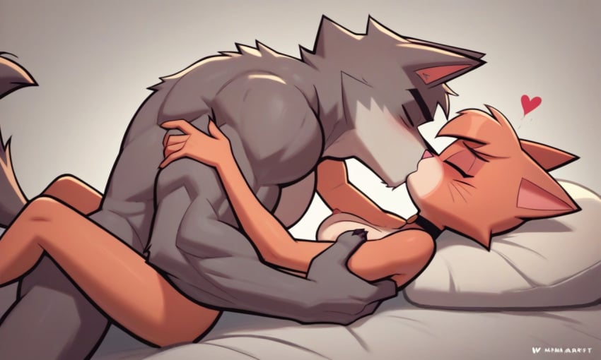 1boy 1boy1girl 1girls ai_generated catgirl cheating cheating_wife completely_nude delia_(ajmarekart) french_kiss hi_res kissing male/female murphy_and_mitzi oc romantic_couple tagme werewolf