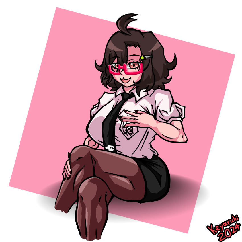 brown_hair glasses keyaruki muscular_female nerd nerdy_female office_clothing saki_(seireiart) shirt tie