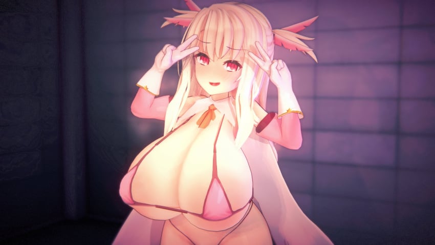 1girls 3d alternate_breast_size areola_slip areolae bikini blush bra breasts busty cape cleavage detached_collar double_v elbow_gloves eyebrows eyebrows_visible_through_hair fate/kaleid_liner_prisma_illya fate_(series) feather_hair_ornament female female_only gloves huge_breasts illyasviel_von_einzbern koikatsu large_breasts long_hair looking_at_viewer micro_bikini mokusheep panties pori prisma_illya red_eyes smile solo standing white_hair wing_hair_ornament