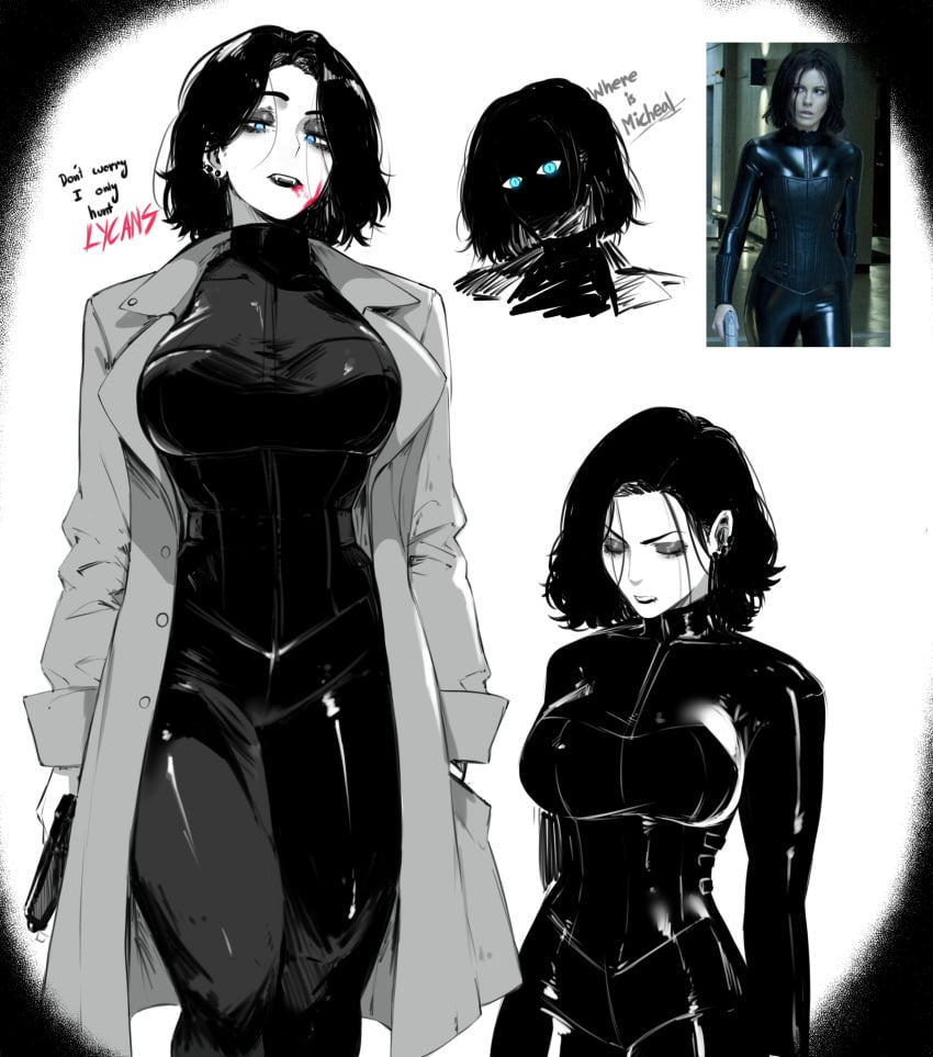 1girl 1girls black_hair blood blood_on_face blue_eyes clothed clothed_female dialogue female_only kate_beckinsale latex latex_suit masoq095 selene_(underworld) short_hair solo solo_female text underworld vampire vampire_girl vampire_teeth