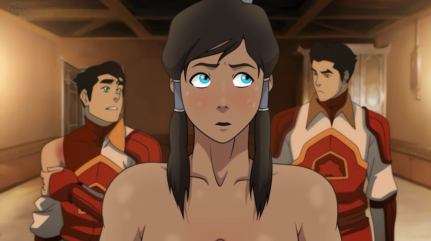 1girls 2boys after_sex avatar_legends bolin eye_of_the_beholder facial female flashing korra mako male nickelodeon nicktoons the_avatar the_legend_of_korra water_tribe