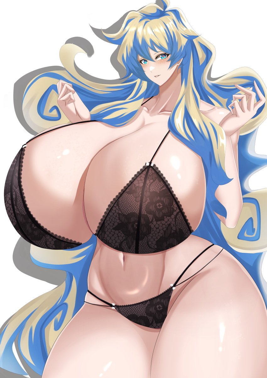 2022 absurdres amooooo217 black_bra black_panties blue_eyes blush bra breasts cleavage collarbone curvy female gigantic_breasts highres lace long_hair multicolored_hair navel nia_teppelin panties skindentation solo stomach symbol-shaped_pupils tengen_toppa_gurren_lagann thick_thighs thighs underwear unusual_pupils very_long_hair white_background wide_hips