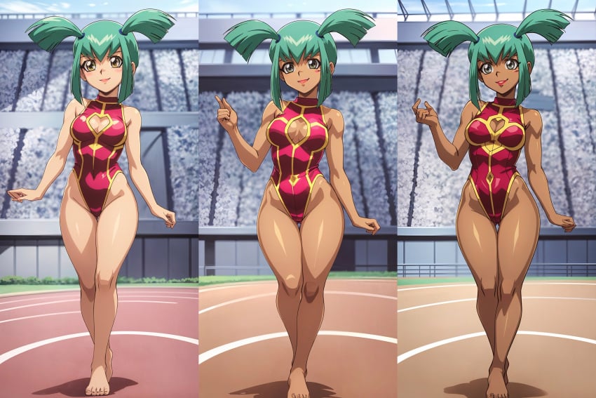 ai_generated bare_shoulders barefoot cleavage_cutout cleavage_window dark_skin fair_skin full_body gluteal_fold green_eyes green_hair groin gyaru gymnast gymnast_leotard gymnastics highleg_leotard leotard luna_(yu-gi-oh!) medium_breasts sleeveless standing tan tanned tanned_girl thick_thighs thigh_gap twintails wide_hips yellow_eyes yu-gi-oh!_5d's zakvar