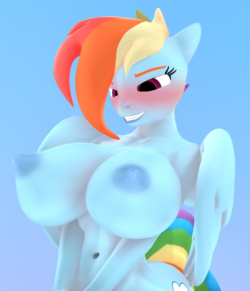 3d anthro anthrofied areola big_breasts blue_body blue_fur breasts digital_media equid equine female friendship_is_magic fur hasbro hi_res large_breasts mammal multicolored_tail my_little_pony mythological_creature mythological_equine mythology nipples pegasus purplefondue rainbow_dash_(mlp) rainbow_tail tail wings