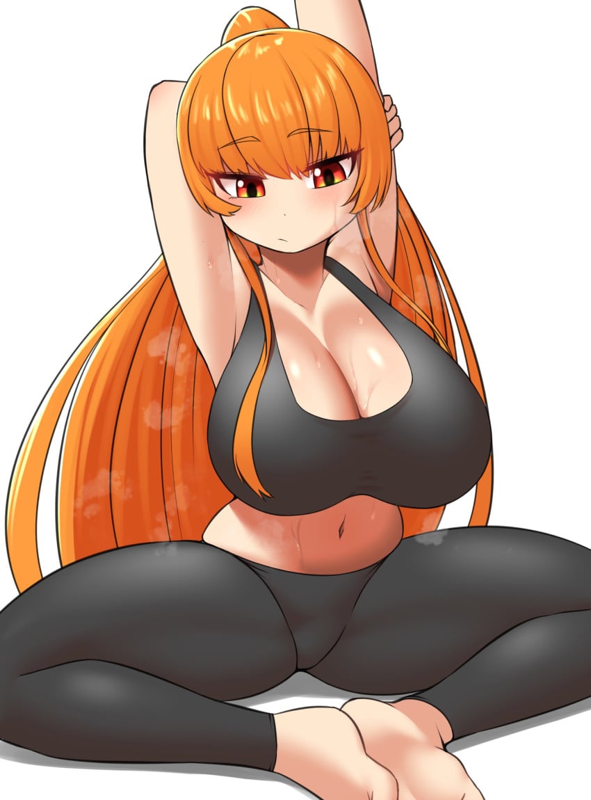 1girls big_breasts huge_breasts humanized light_skin long_hair nobunagapero orange_hair original_character stretching sweat tagme