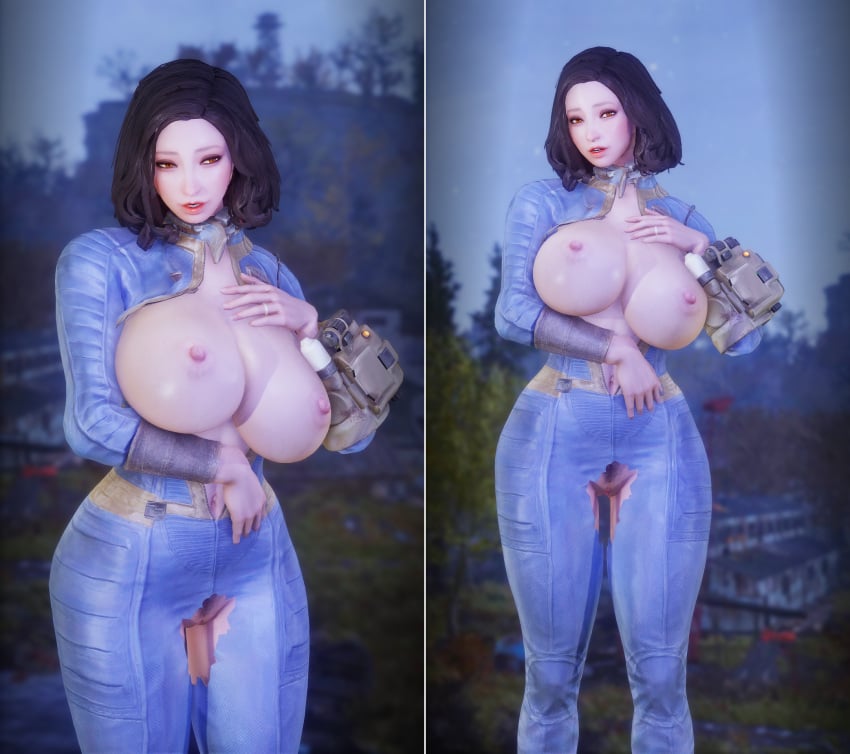 bethesda_softworks bodysuit breasts_out fallout vault_dweller vault_suit