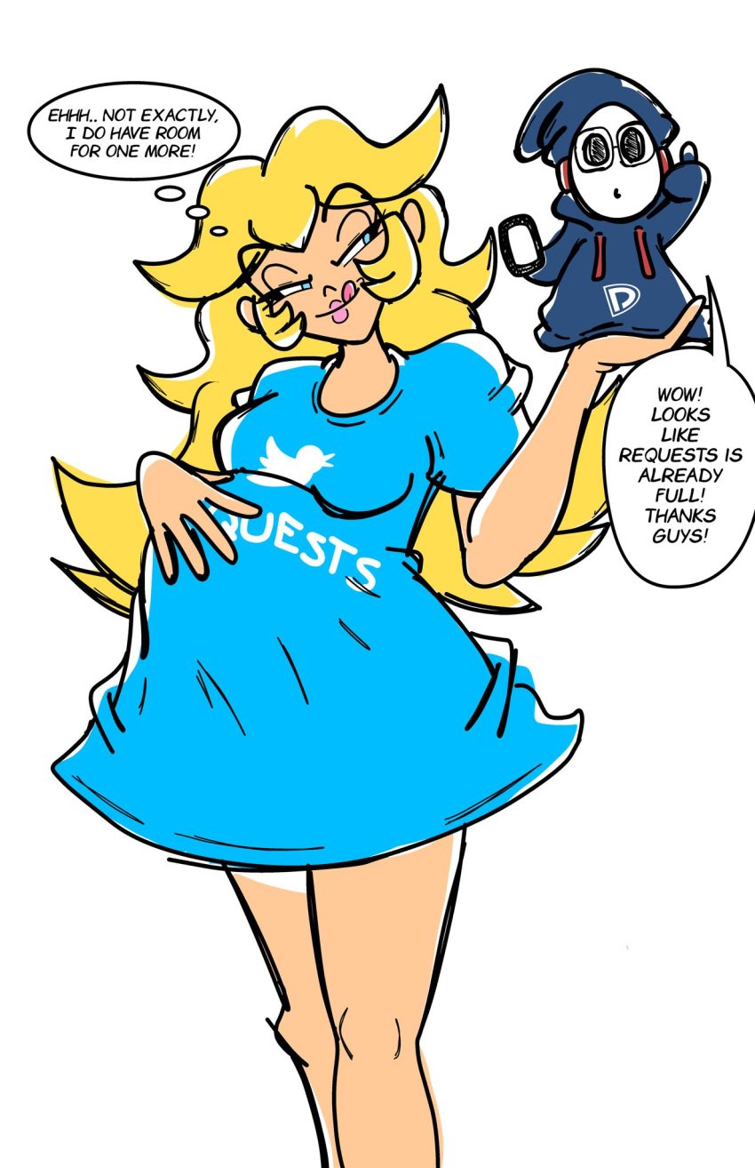 artist_self-insert big_belly blonde_hair blue_shirt dp1up giantess holding_person holding_phone licking_lips long_shirt mario_(series) pink_lips princess_peach shy_guy vore