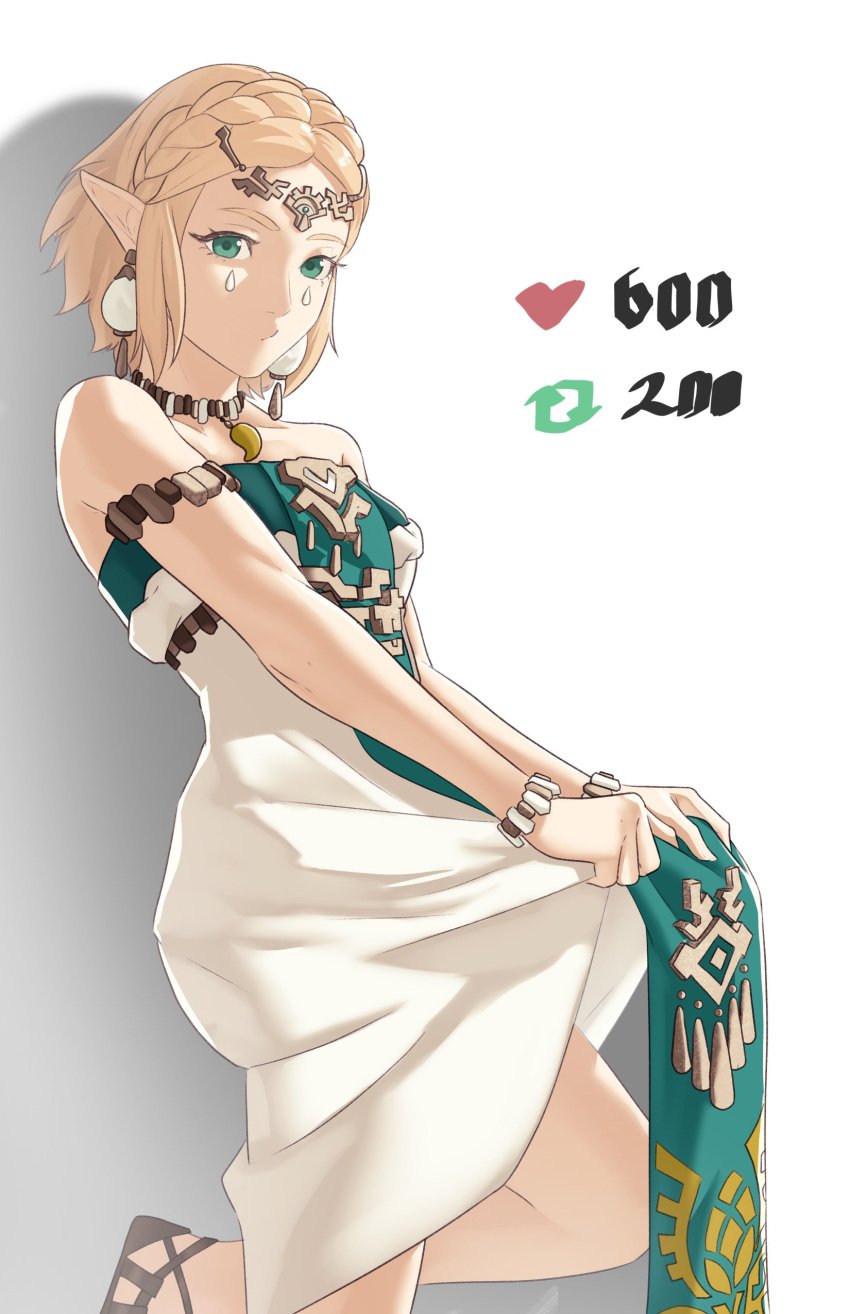 1girls :o absurdres against_wall armband bare_arms bare_shoulders blonde_hair braid breasts clothes_lift collarbone dress dress_lift earrings female female female_only green_eyes highres jewelry leg_up lifting_own_clothes looking_at_viewer medium_breasts meme necklace nintendo pelvic_curtain pelvic_curtain_lift pointy_ears pomelomelon princess_zelda secret_stone short_hair sidelocks solo standing strapless strapless_dress tears_of_the_kingdom the_legend_of_zelda the_legend_of_zelda:_tears_of_the_kingdom twitter_strip_game_(meme) white_background zelda_(tears_of_the_kingdom)