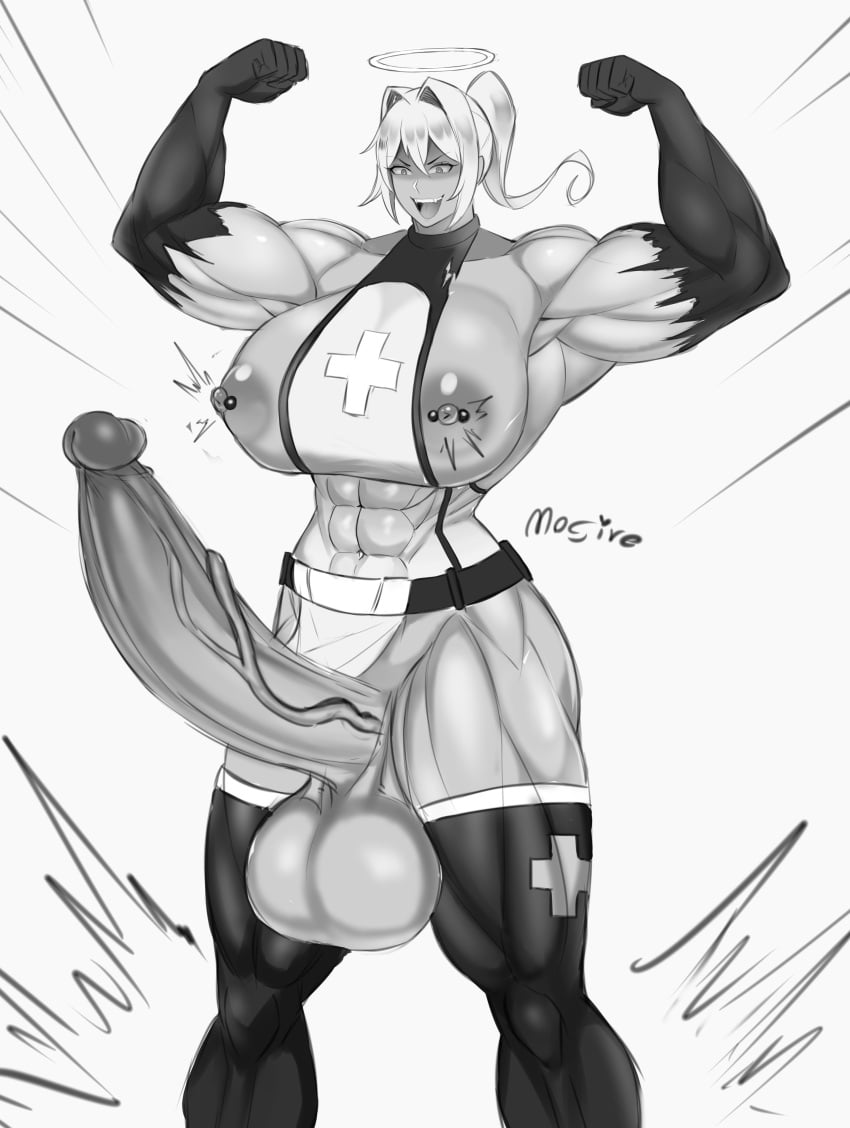 black_and_white flexing futa_focus futa_only futanari magnolia_(mogire) mogire muscular_futanari pierced_nipples