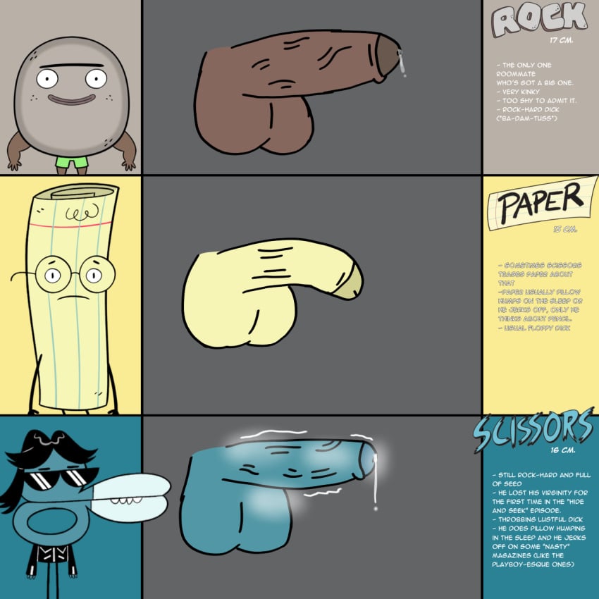 animate_inanimate cock cum dick digital_media_(artwork) genital_fluids humanoid_genitalia humanoid_penis ibispaintx nickelodeon not_furry paper_(rock_paper_scissors) penis penis_size_comparison penis_size_difference precum privategyre rock_(rock_paper_scissors) rock_paper_scissors_(nickelodeon) rock_paper_scissors_(series) scissors_(rock_paper_scissors)