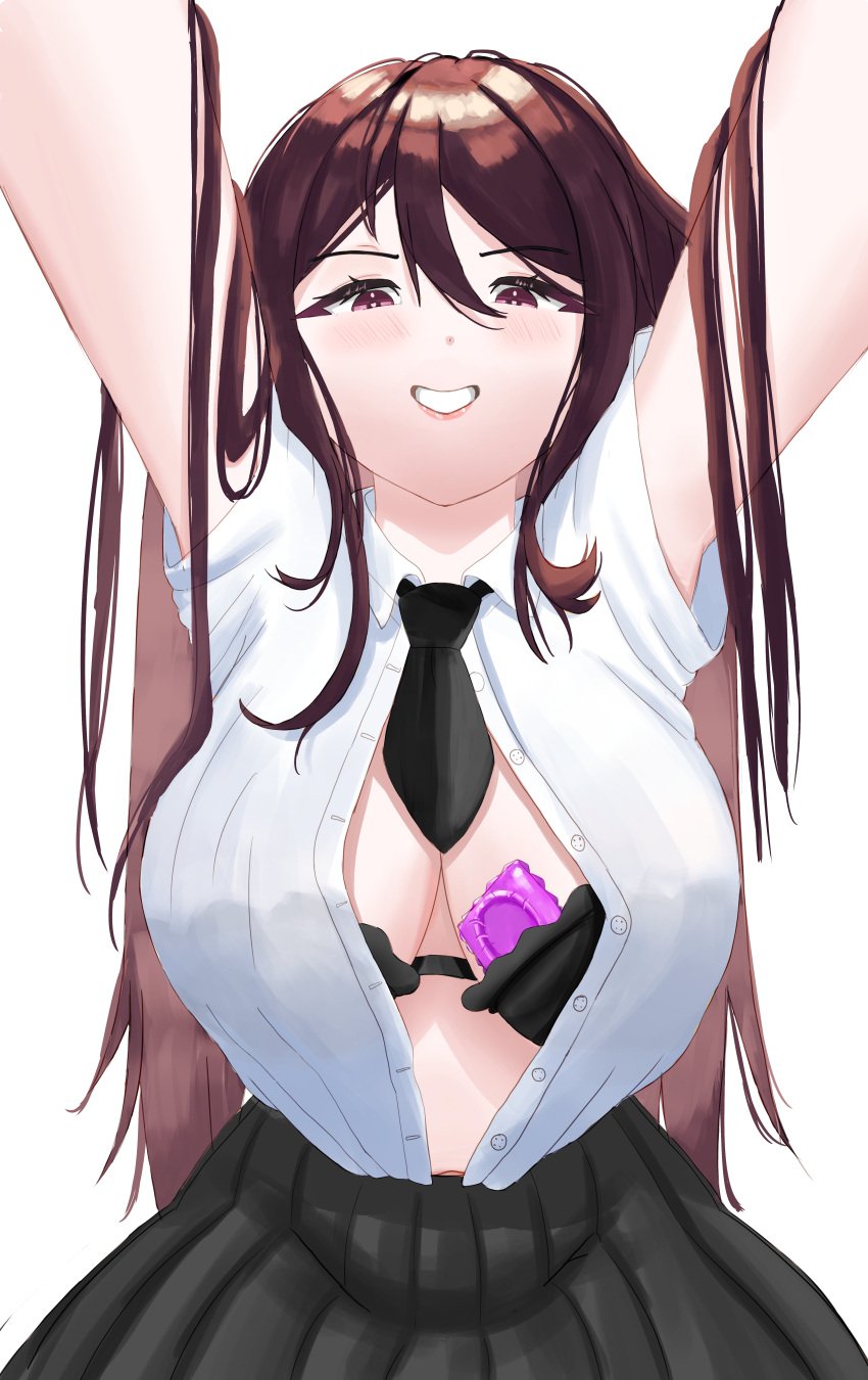 1girls black_bra blush brown_hair condom huge_breasts imminent_sex large_breasts long_hair looking_down pleated_skirt pov school_uniform smug taller_girl white_shirt wide_hips