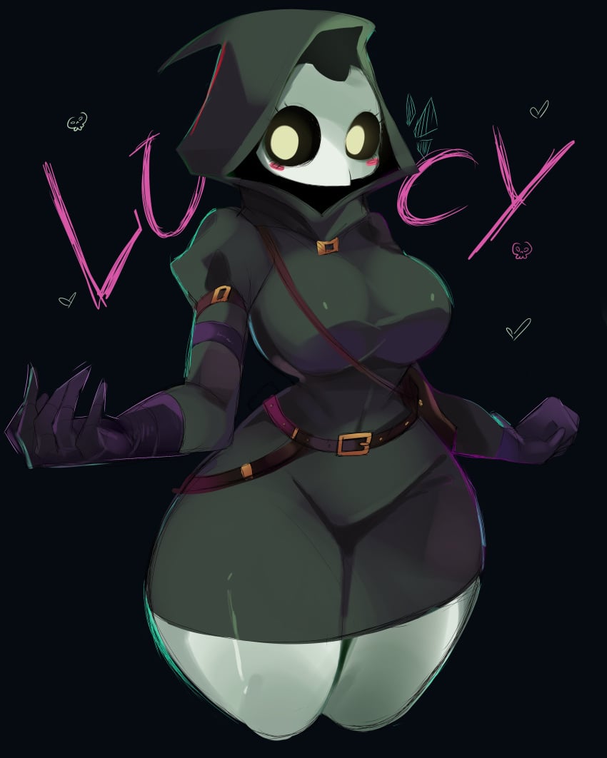 belt big_breasts blush curvy cute gazericc gloves glowing_eyes hearts_around_head hood masked_female original_character plague_doctor simple_background tagme_(character) thick_thighs tight_clothing white_body