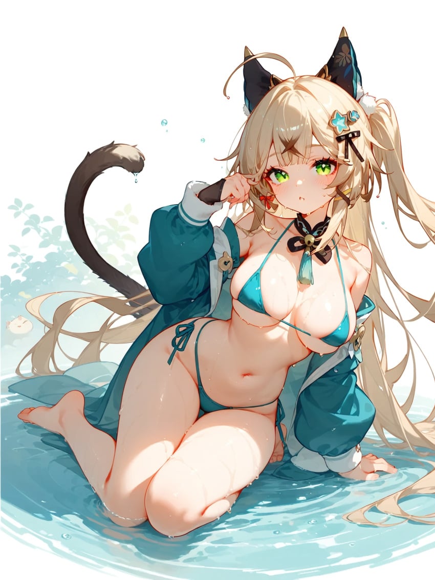 absurd_res ai_generated barefoot bikini blush breasts feet genshin_impact kirara_(genshin_impact) micro_bikini ministro wet