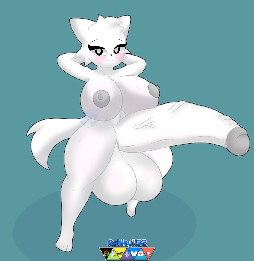 animal_humanoid animal_tail anthro areola ashley432 balls big_balls big_breasts big_penis blush bodily_fluids colored digital_media_(artwork) erection felid fur fur_breasts fur_thick_thighs furry futanari genitals gynomorph hair hi_res huge_breasts huge_cock hyper hyper_genitalia hyper_penis incredibox_mod intersex looking_at_viewer mammal nipples nude outline shaded signature simple_background smile solo sprunki sweat tail watermark wenda_(sprunki) white_(sprunki) white_body white_fur