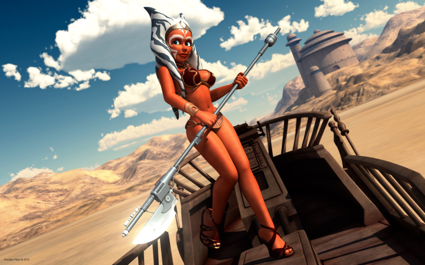 1girls 2015 3d ahsoka_tano alien alien_girl armband balcony bantha-ii_cargo_skiff bare_shoulders big_breasts blue_eyes bracer busty choker curvy eyelashes female female_only front_view high_heels holding_object hourglass_figure humanoid jabba's_palace kondaspeter leg_lift leg_up looking_at_viewer mammal marking metal_bikini midriff orange_skin outdoor outside pose posing shadow shiny shiny_skin slave_ahsoka slave_bikini solo standing star_wars star_wars_rebels tatooine togruta vibro_axe voluptuous weapon wide_hips