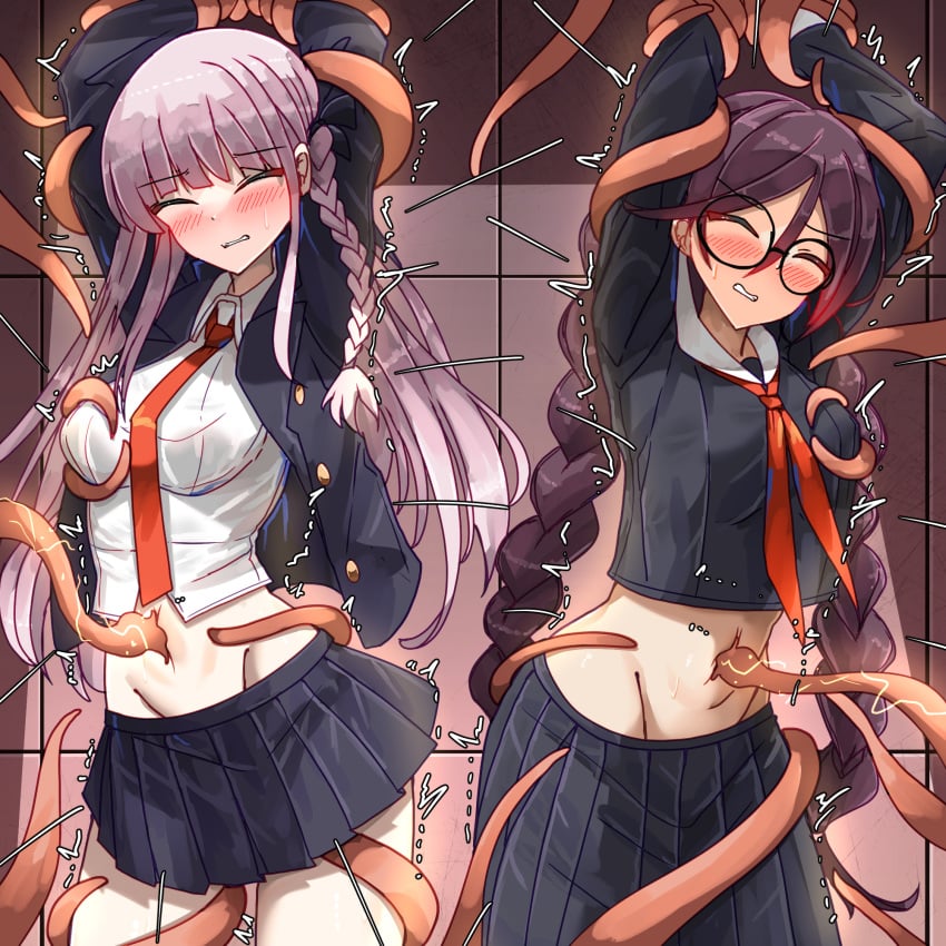 2girls arms_up bakasp-lilzy black_hair black_jacket black_ribbon black_skirt blush bound bound_arms braid collared_shirt cowboy_shot danganronpa:_trigger_happy_havoc danganronpa_(series) frown fukawa_toko glasses grey_hair groin hair_ribbon highres jacket kirigiri_kyoko long_hair long_sleeves miniskirt multiple_girls navel necktie open_clothes open_jacket orange_necktie pleated_skirt rape restrained ribbon round_eyewear shirt side_braid skirt tentacle tentacle_sex tickling twin_braids twintails white_shirt