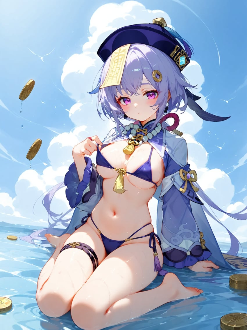 absurd_res aged_up ai_generated barefoot bikini blush breasts feet genshin_impact micro_bikini ministro qiqi_(genshin_impact) wet