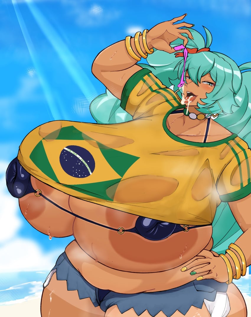 1girls areola artist_request ass big_areola big_ass big_breasts big_nipples big_thighs bikini brazil brazilian brazilian_female brazilian_miku breasts butt condom cum cyan_eyes cyan_hair female female_only gigantic_ass gigantic_breasts gigantic_thighs hatsune_miku huge_areola huge_ass huge_breasts huge_nipples huge_thighs latin_american_hatsune_miku_(meme) long_hair looking_at_viewer nipples shirt shorts solo sweat sweatdrop sweating tagme tan tan_body thick_hips thick_thighs thighs twintails used_condom vocaloid yellow_shirt