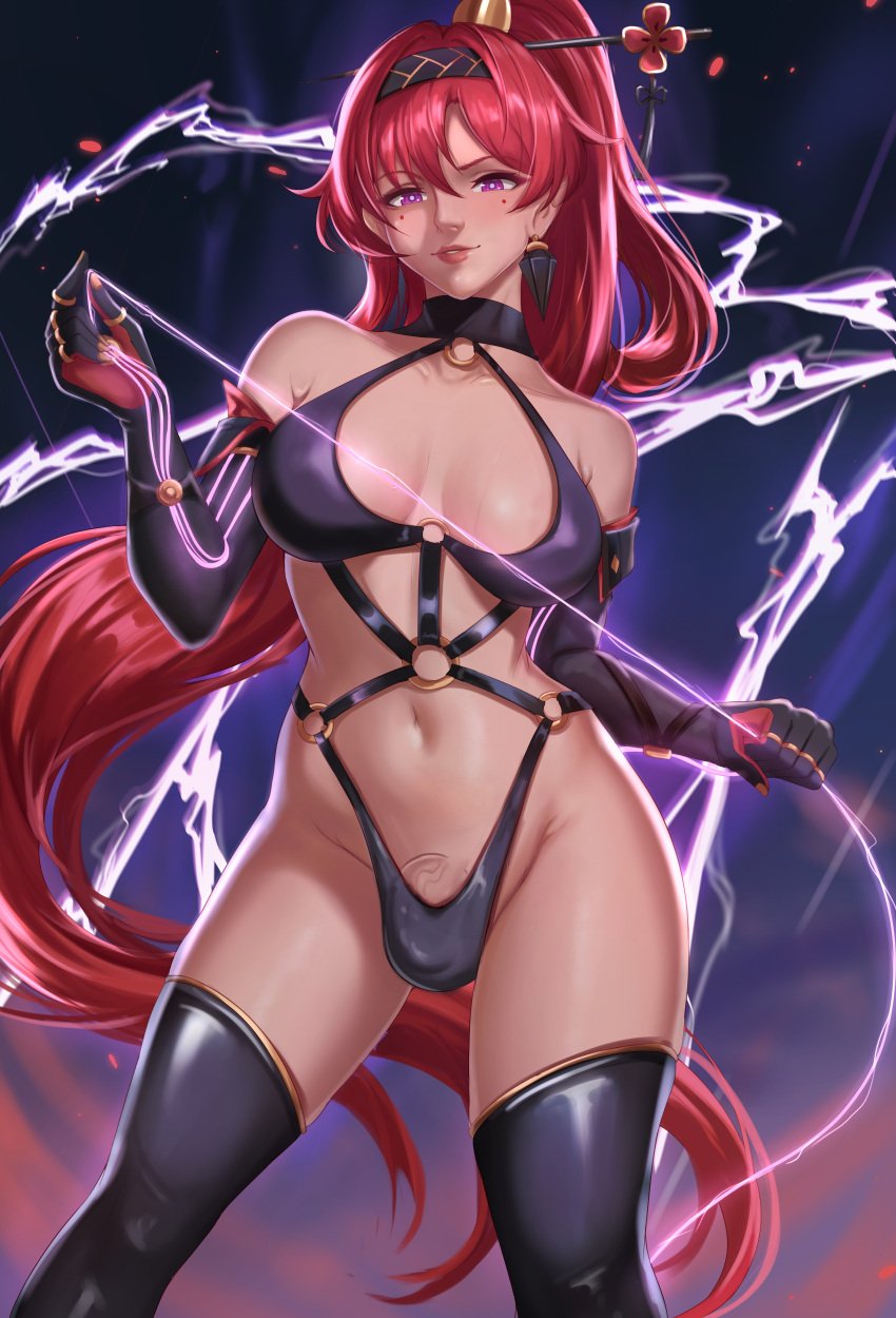 1futa 2024 areolae balls big_breasts big_penis breasts clothed erection exlic futa_only futanari human light-skinned_futanari light_skin long_hair pelvic_line penis ponytail red_hair smile solo standing wuthering_waves yinlin_(wuthering_waves)