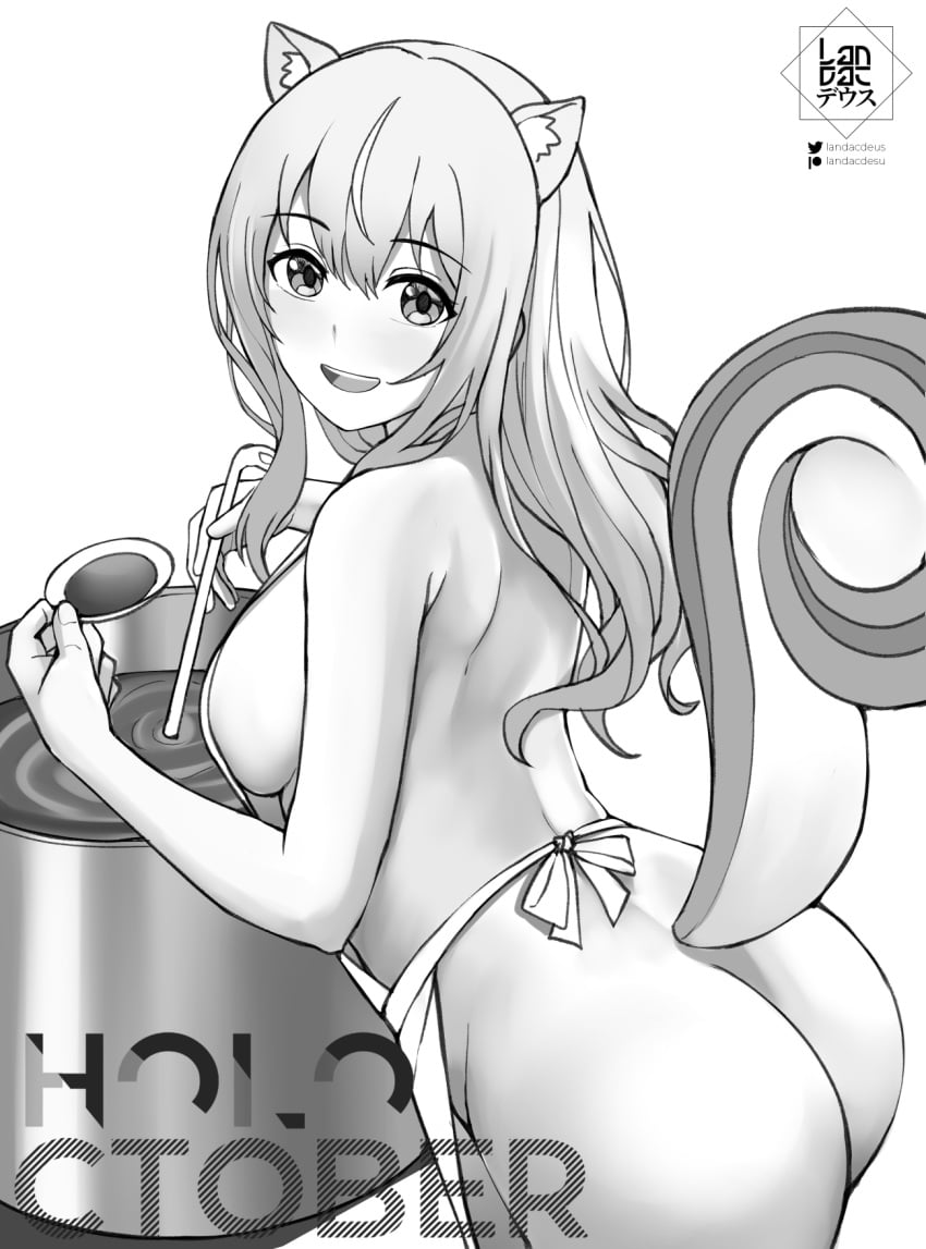 1girls apron apron_only ass ayunda_risu back bare_ass bare_back black_and_white convenient_censoring cooking female grayscale holoctober hololive hololive_indonesia landacdeus looking_at_viewer mostly_nude naked naked_apron nude solo squirrel squirrel_girl squirrel_tail virtual_youtuber vtuber