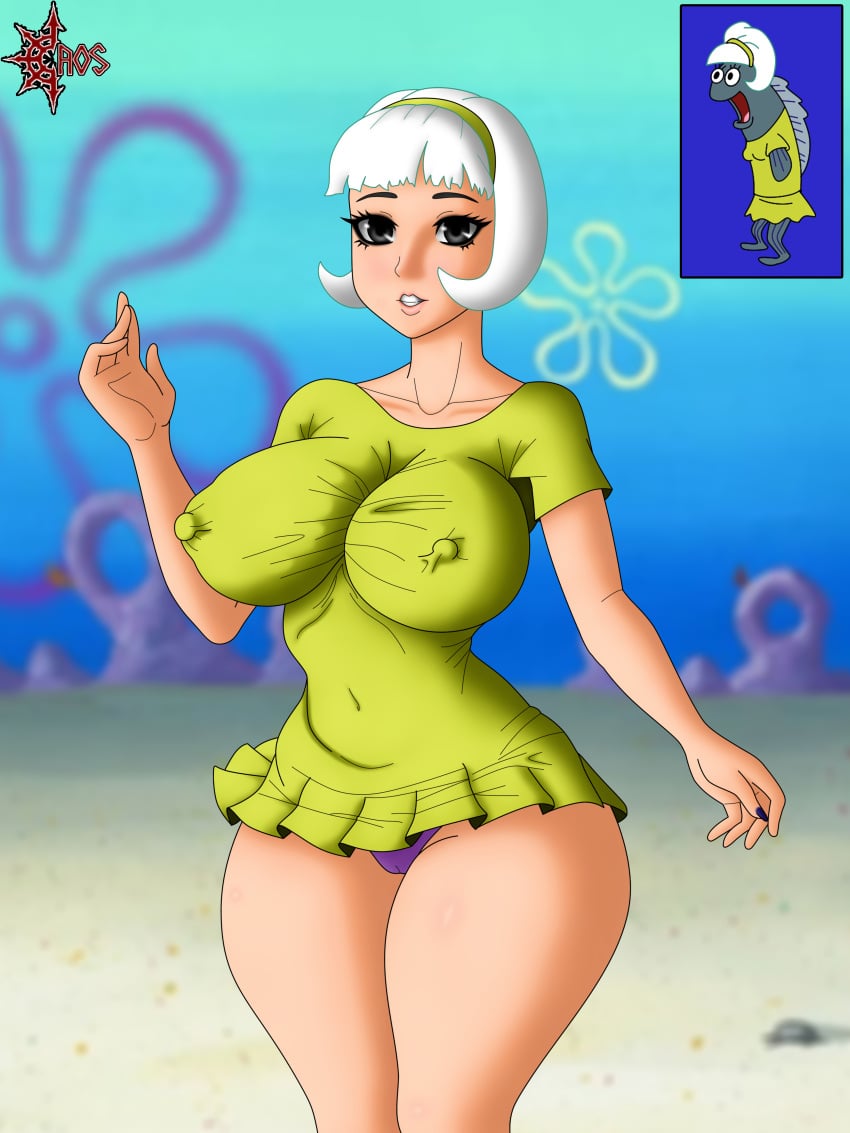 1girl big_boobs big_breasts big_thighs big_waist black_eyes caosenriqueart female girl humanized incidental_7 miniskirt short_hair solo spongebob_squarepants spongebob_squarepants_(nancy_suzy) white_hair