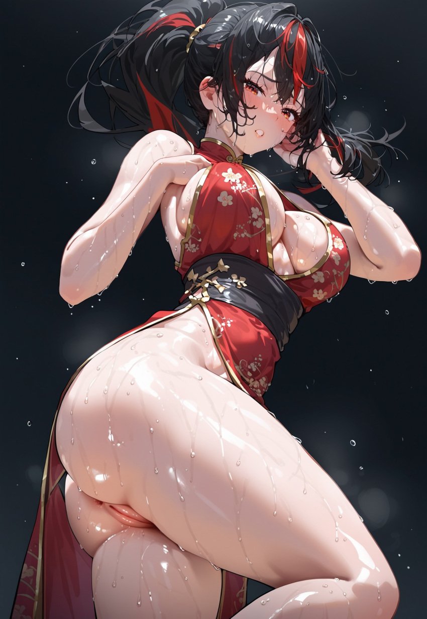 ai_generated anus_peek big_breasts black_hair chinese_clothes chinese_dress cleavage enjisd high_heels modeling multicolored_hair pale_skin ponytail pussy_peek sweat sweaty_body zenless_zone_zero zhu_yuan