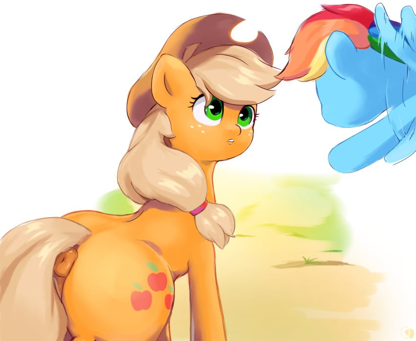 2d anus applejack_(mlp) blue_body blue_fur cowboy dulldi duo equid equine eye_contact female female/female feral flying friendship_is_magic full_color fur hasbro hi_res looking_at_another mammal my_little_pony mythological_creature mythological_equine mythology no_penetration orange_body orange_fur pegasus puffy_anus quadruped rainbow_dash_(mlp) rear_view simple_background tail tail_anus wings