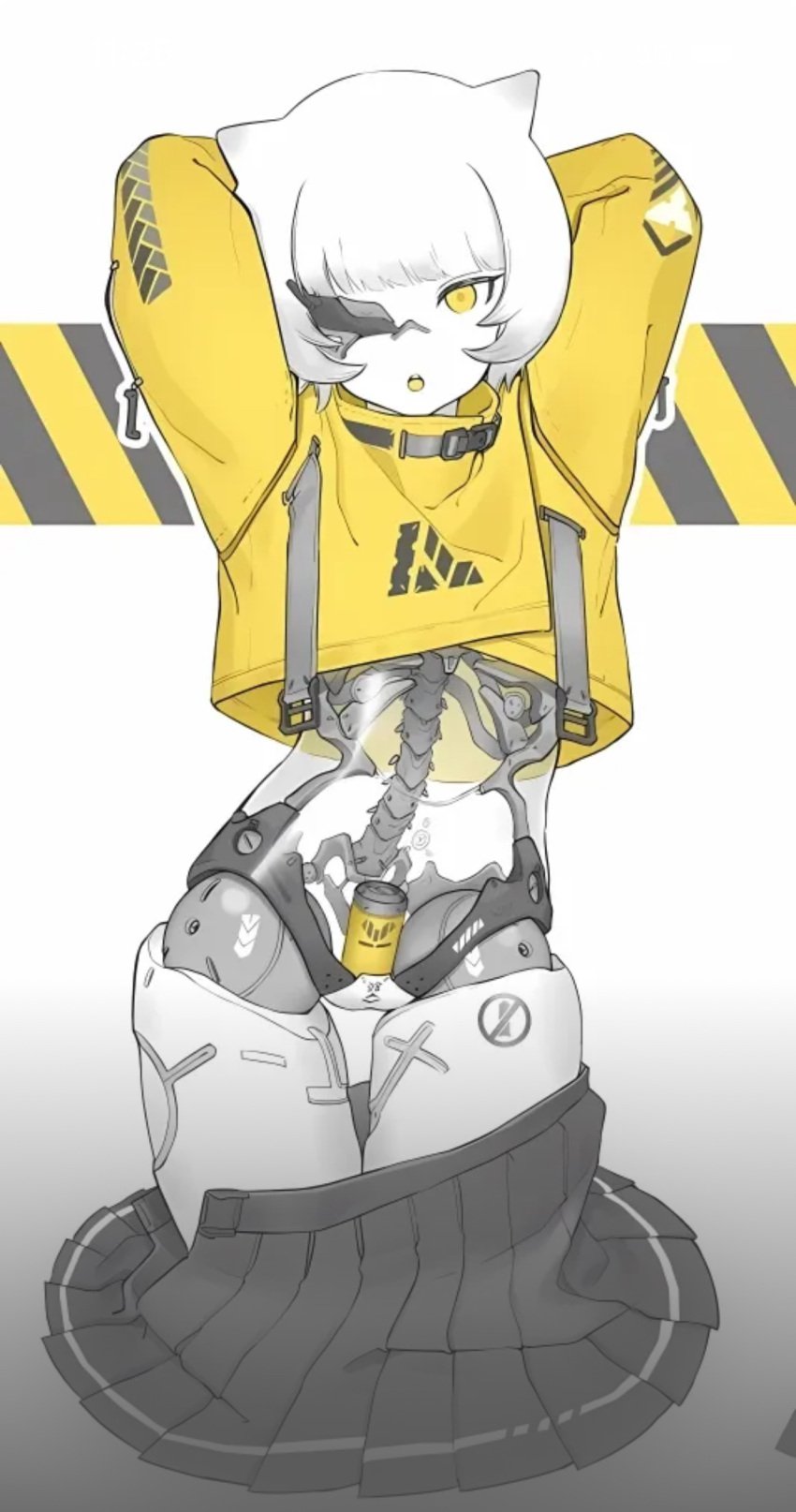 high_quality horns machine no_panties one_eye_closed robot robot_girl skirt skirt_down translucent white_background white_hair white_skin yellow_eyes yellow_jacket_(clothing)