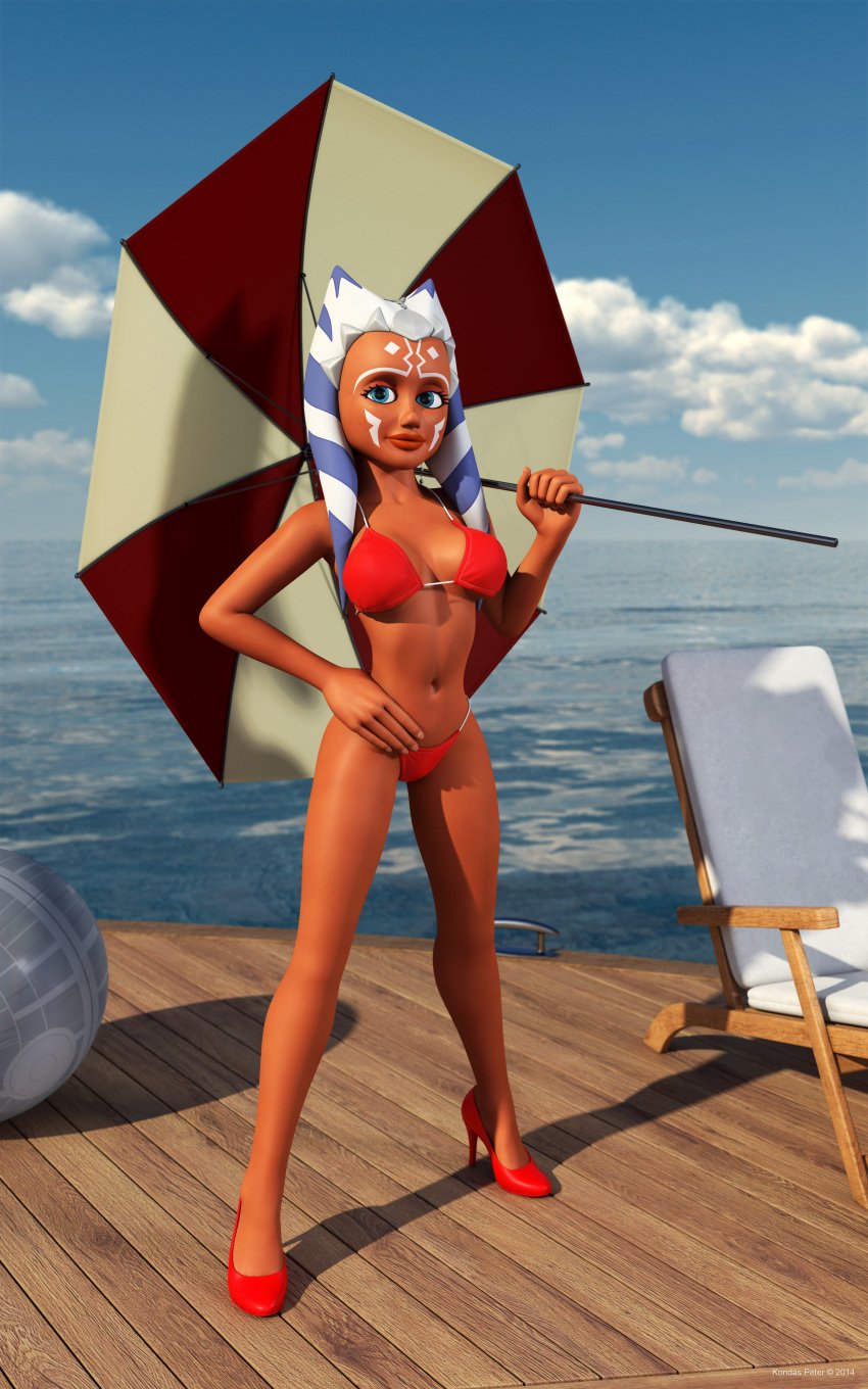 1girls 2014 3d ahsoka_tano alien alien_girl alternate_version_available artist_name bare_shoulders big_breasts bikini bikini_bottom bikini_top blue_eyes busty clone_wars curvy day death_star_beach_ball detailed_background eyelashes female female_only front_view hand_on_hip hands_on_hip hands_on_hips high_heels holding_object hourglass_figure humanoid jedi jedi_padawan kondaspeter looking_at_viewer mammal marking midriff orange_skin outdoor outside pose posing shadow shiny shiny_skin solo spread_legs spreading standing star_wars swimsuit thong togruta umbrella underboob voluptuous water wide_hips