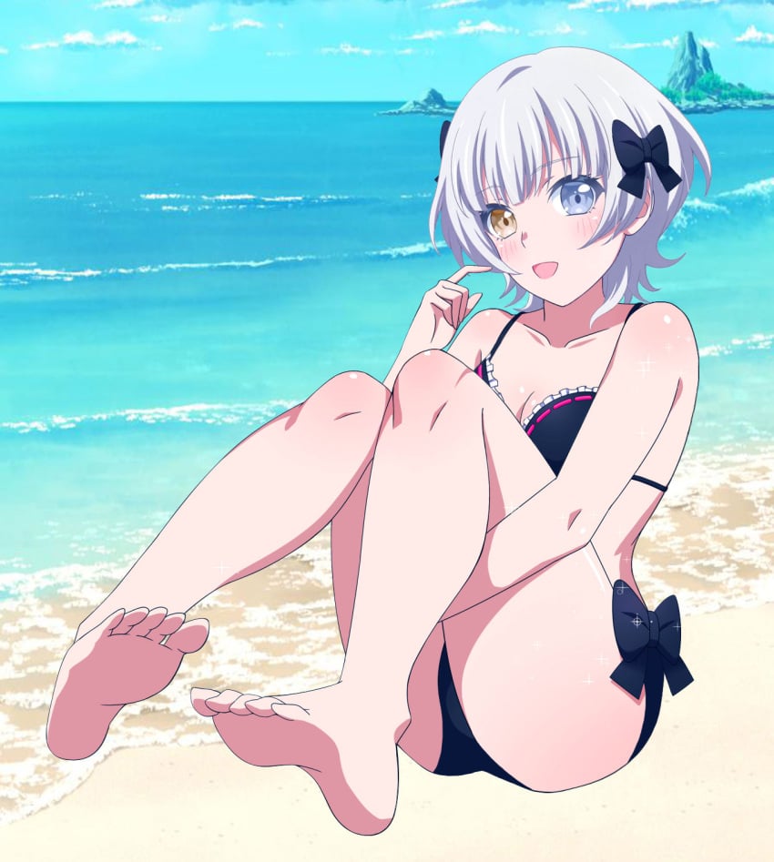 bang_dream! bikini cleavage heterochromia kaname_raana medium_breasts short_hair silver_hair string_bikini