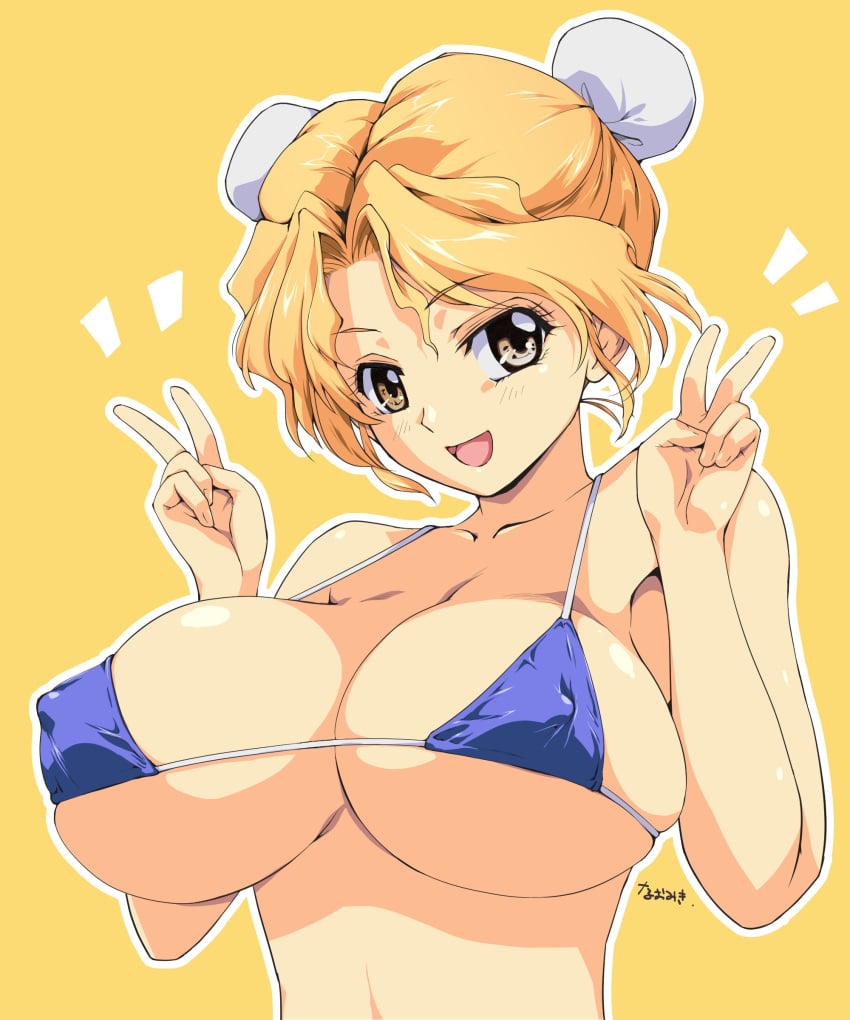 1girls 2022 absurd_res artist_name bikini blonde_hair blue_bikini breasts bun_cover double_bun double_v eyebrows_visible_through_hair female female_only hayasaka_akira highres huge_breasts large_breasts looking_at_viewer matching_hair/eyes micro_bikini nipple_bulge open_mouth sakura_na_omiki short_hair signature simple_background smile solo string_bikini super_real_mahjong super_real_mahjong_p5 swimsuit tied_hair tongue v yellow_background yellow_eyes