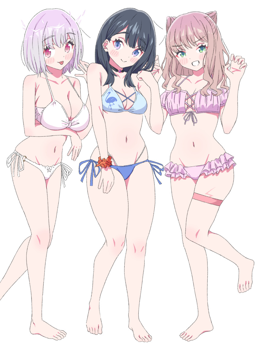 arm_under_breasts ass_visible_through_thighs bare_arms bare_belly bare_legs bare_shoulders bare_thighs barefoot belly_button big_breasts bikini black_hair blue_bikini blush bodystocking breasts brown_hair cleavage closed_mouth collarbone feet frilled_bikini green_eyes gridman_universe groin hair_bun long_hair medium_breasts minami_yume pink_bikini purple_eyes purple_hair red_eyes shinjou_akane sho_(shoshos_8888) short_hair side-tie_bikini_bottom smile takarada_rikka thick_thighs thigh_strap thighs toes tongue tongue_out white_bikini wrist_scrunchie