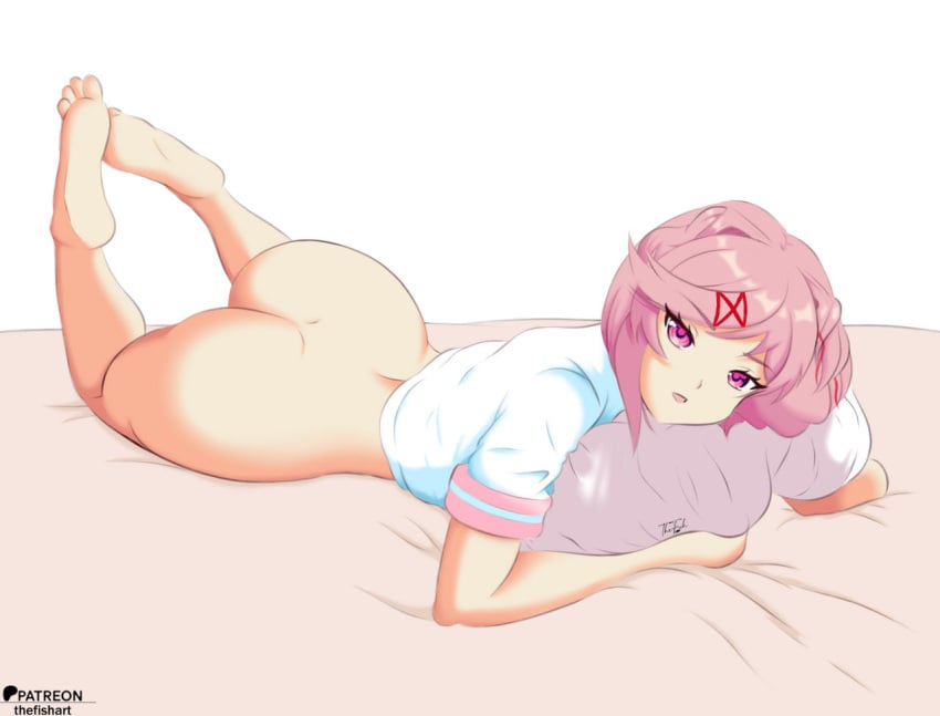 1female 1girls ass butt doki_doki_literature_club feet female_focus natsuki_(doki_doki_literature_club) pink_eyes pink_hair thefishart